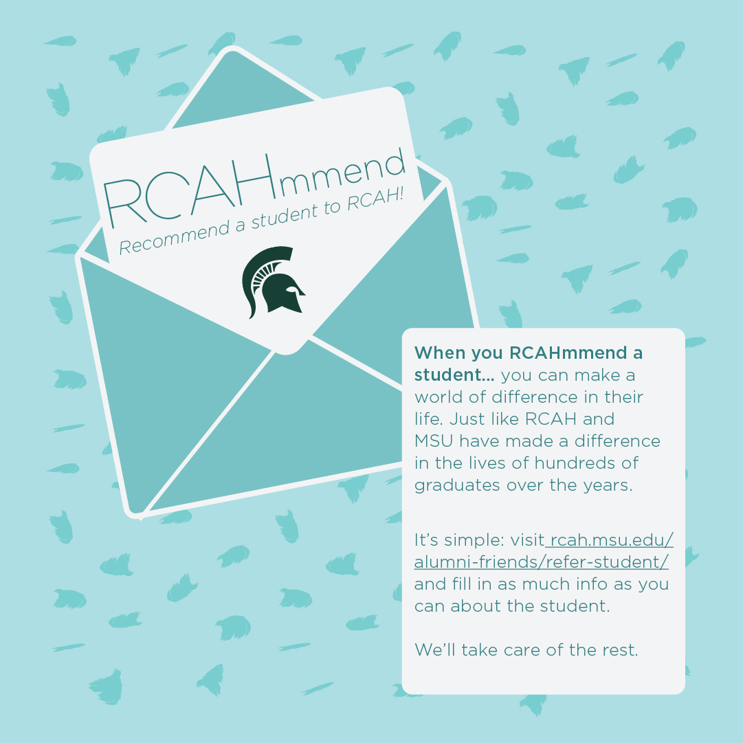 Image has a pale blue background with an illustration of an open envelope and text that reads "RCAHmmend a student to RCAH!"