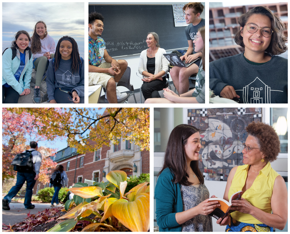 A collage showing several photographs of smiling students, inside out and outside.