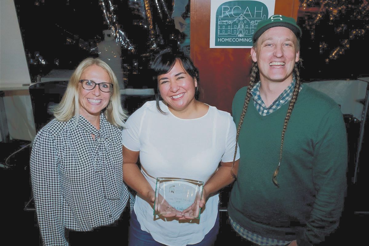 Image right shows RCAH Director of Alumni Relations Kate McGormley left, Bekah Galang awardee center, and Interim RCAH Dean Dylan Miner right as Bekah Galang receives her award)