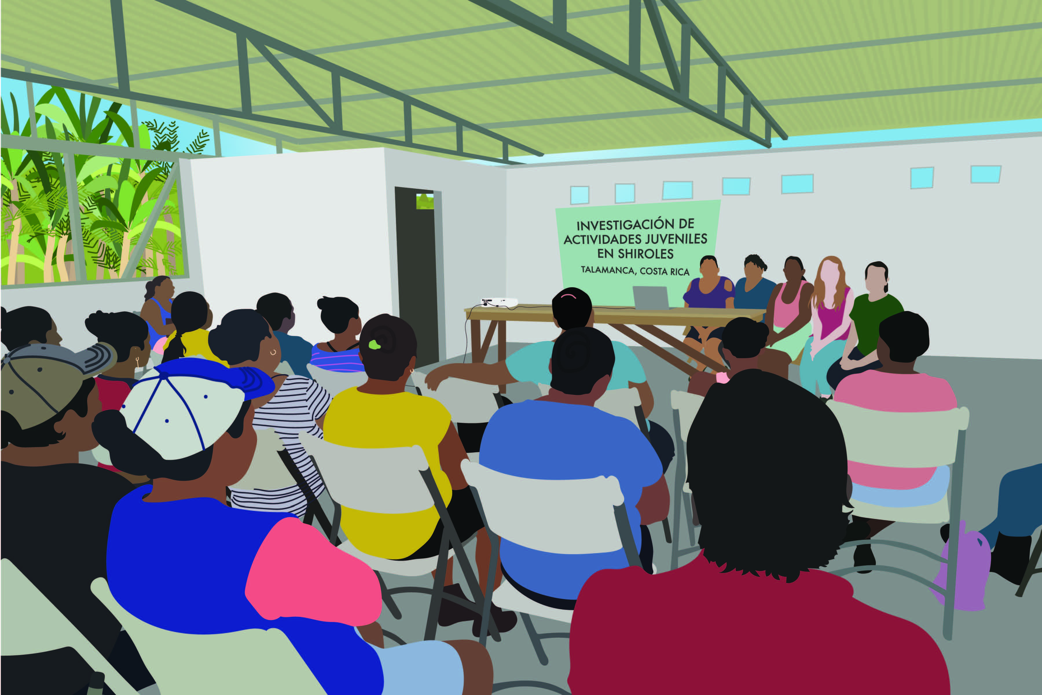 Image shows a group of illustrated people sitting in an audience for a presentation.