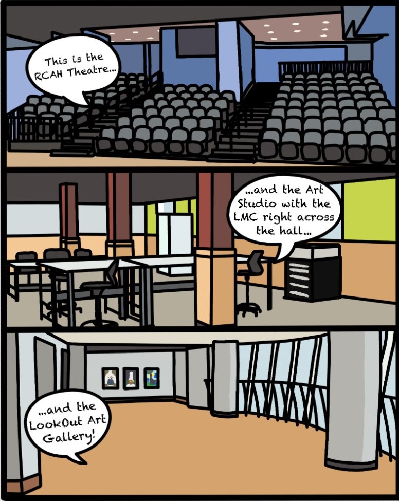 Image is in comic format, the top panel showing an empty theater with a speech bubble reading "This is the RCAH Theater," the second panel showing a studio space with colorful columns and a speech bubble that reads "And the Art Studio with the LMC right across the hall . . .," and the bottom panel showing an open, curved gallery space with little paintings with a speech bubble that reads "and the LookOut Gallery!"