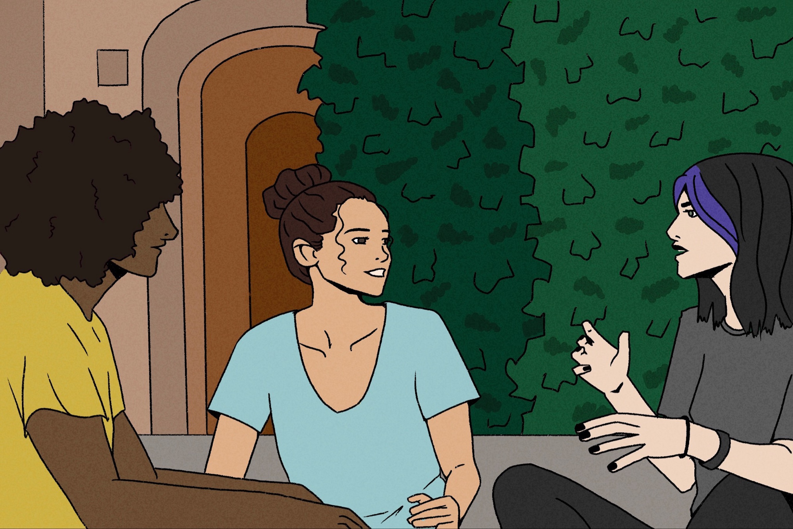 Image show a flat-style illustration of three women sitting outside on the steps in front of a brick building in the middle of a conversation.