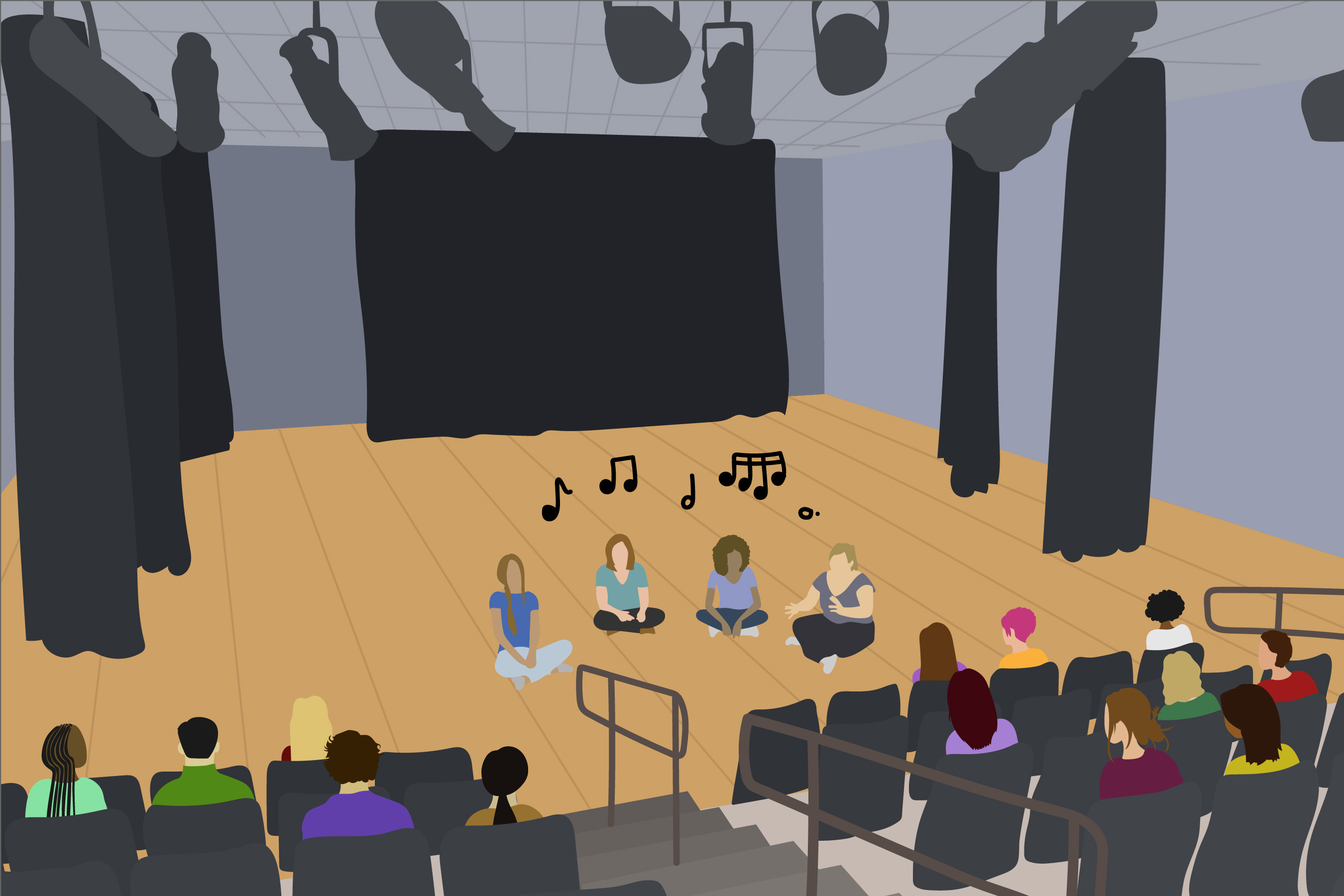 Image is an illustration of several students sitting cross-legged in a theater, music notes rising up around them. The theater has many people in it, depicting from behind.