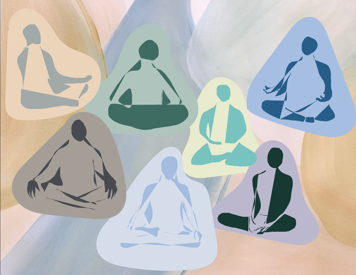 Image is an abstract piece with human figures in yoga poses sitting in different bubble/collage shapes around the image in soft colors.