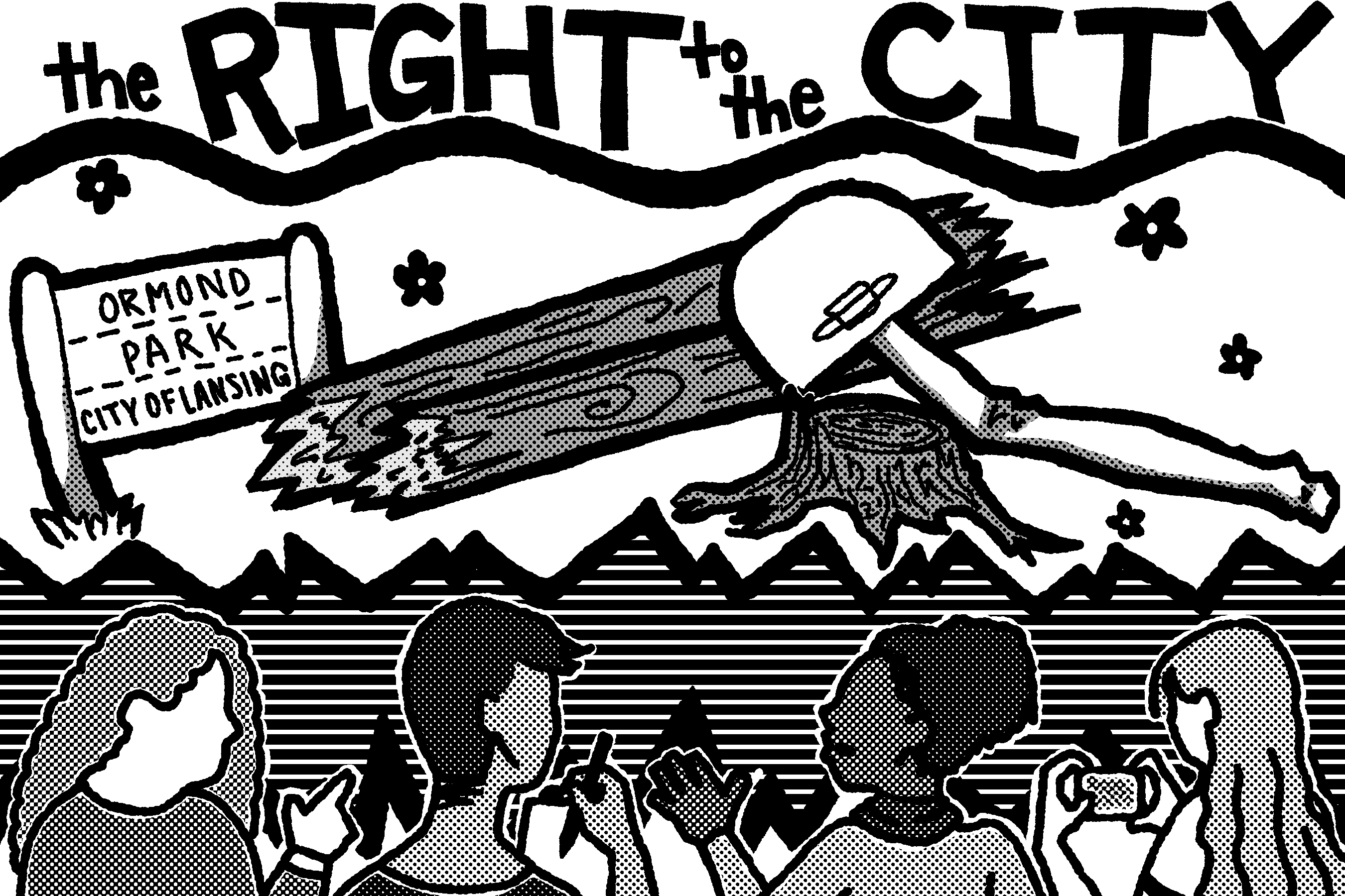 Image is an illustration representing students shown at the bottom of the image discussing a scene of demolition of a local park with the words "The Right to the City" on top.