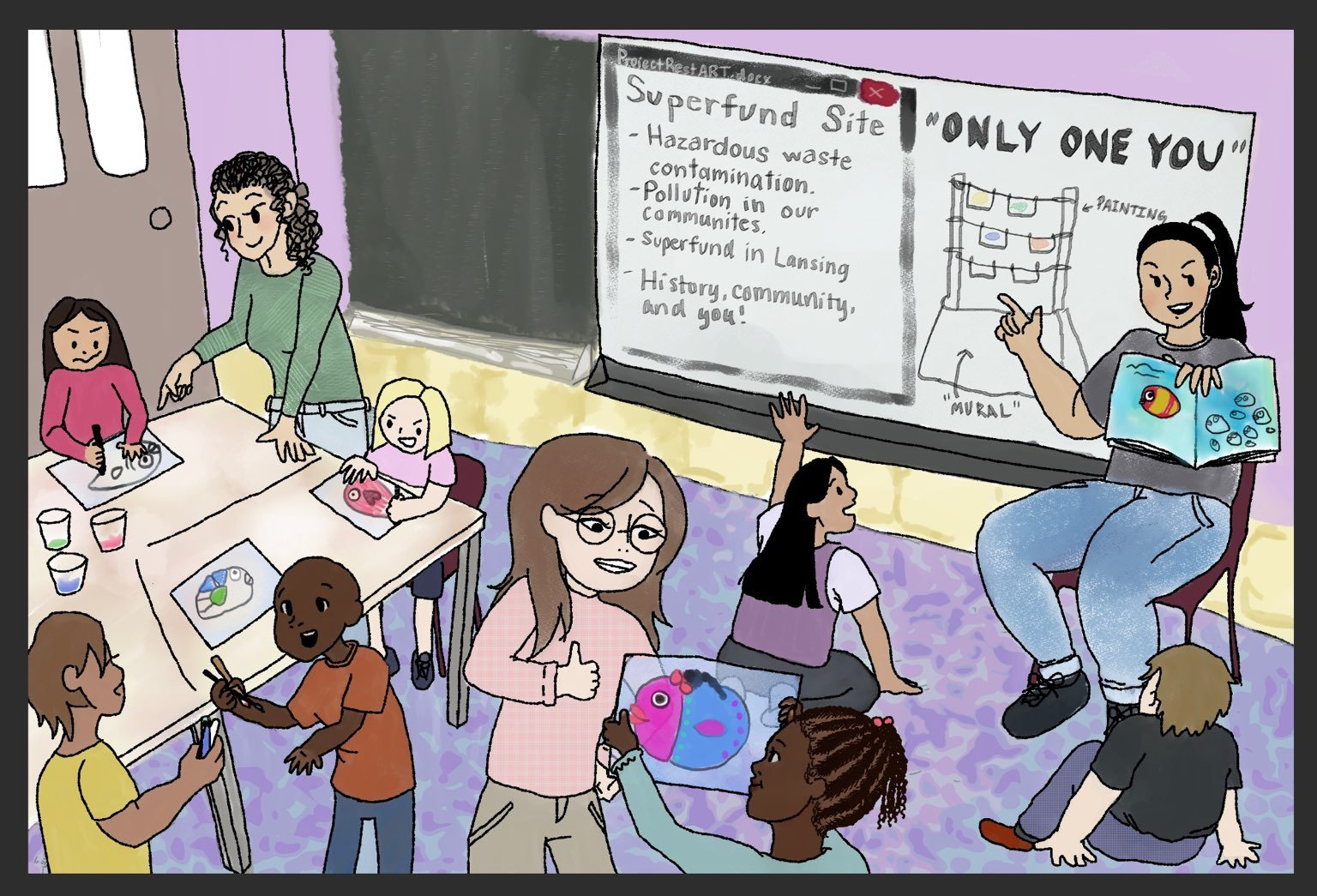 Image is a drawing of a classroom setting, showing young women teaching at the board and helping children make colorful art around the room.