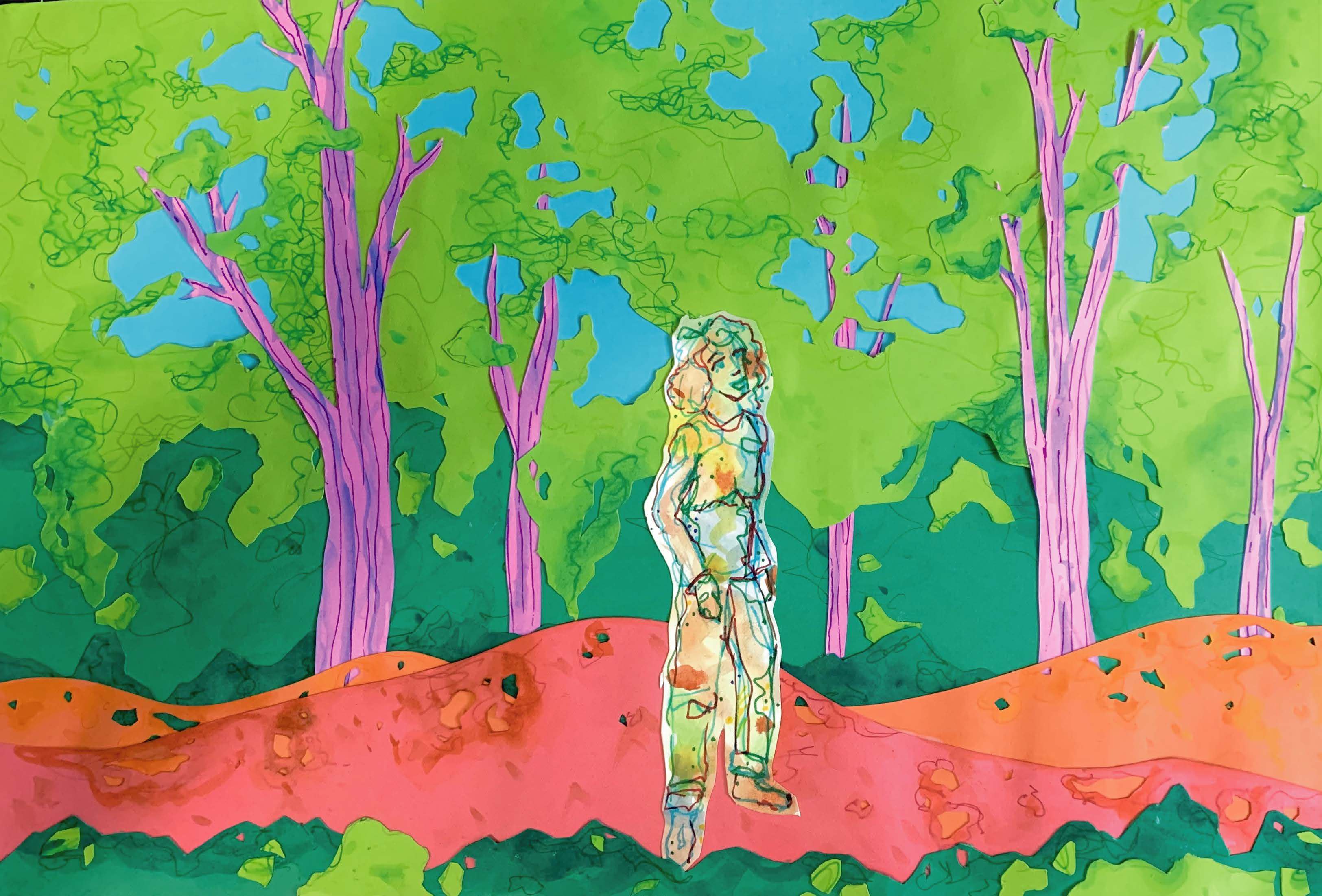 Colorful art that depicts a person walking through a bright stylized forest.