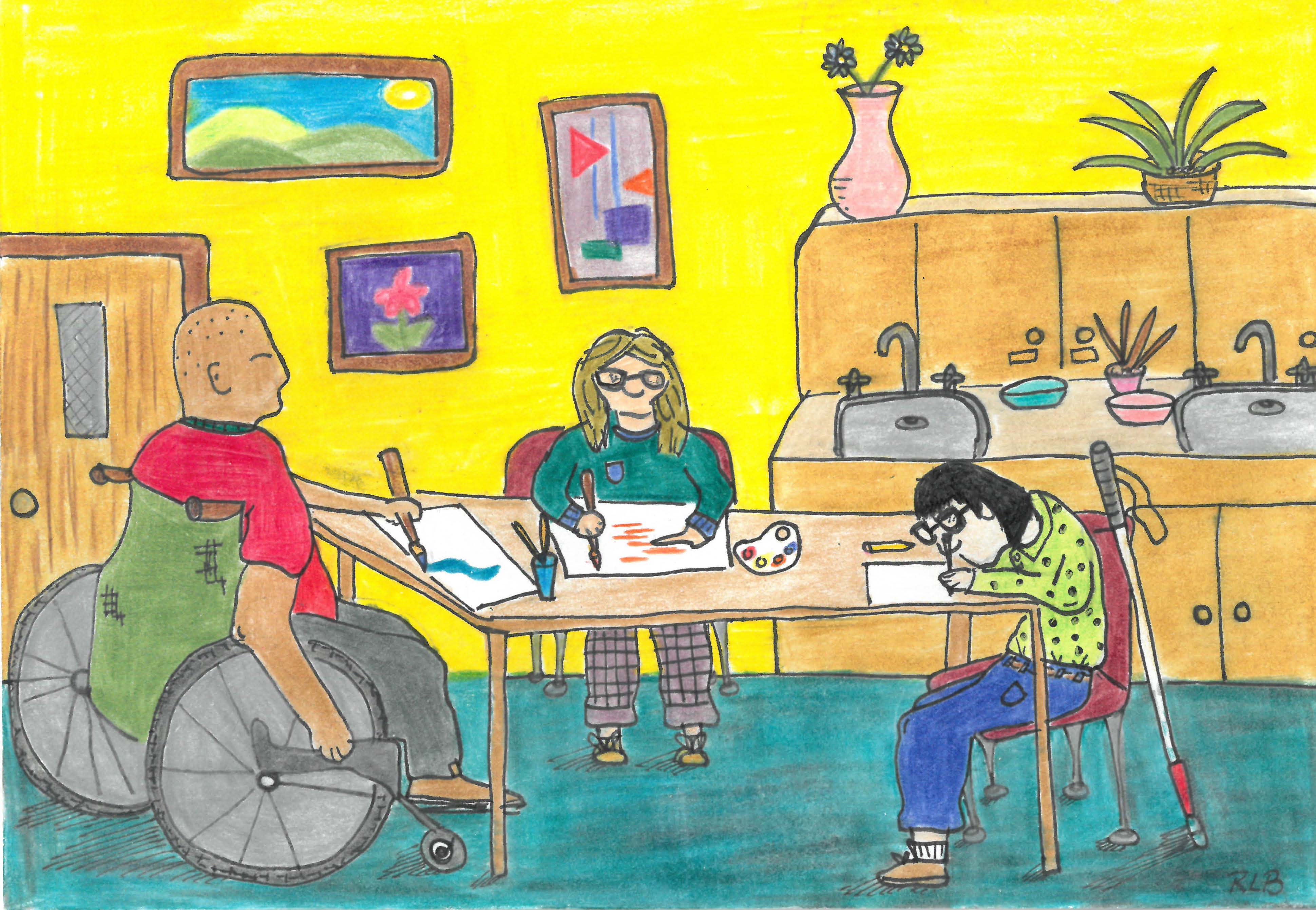 Image is an illustration of a man in a wheelchair, a Blind person, and a third person creating art together at a table.