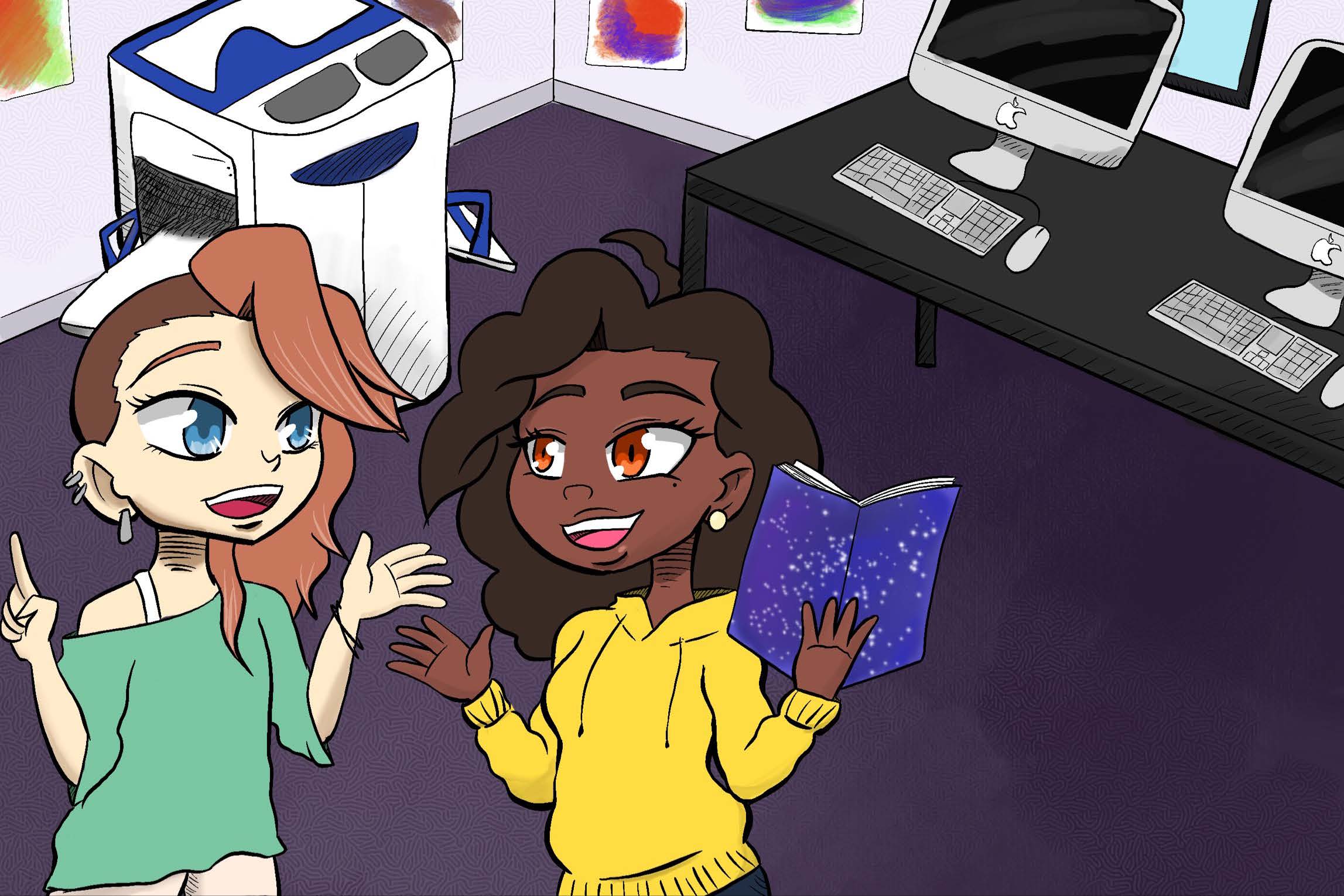 Image shows two illustrated young women in a fun anime style printing and discussing comics in a printing lab space.