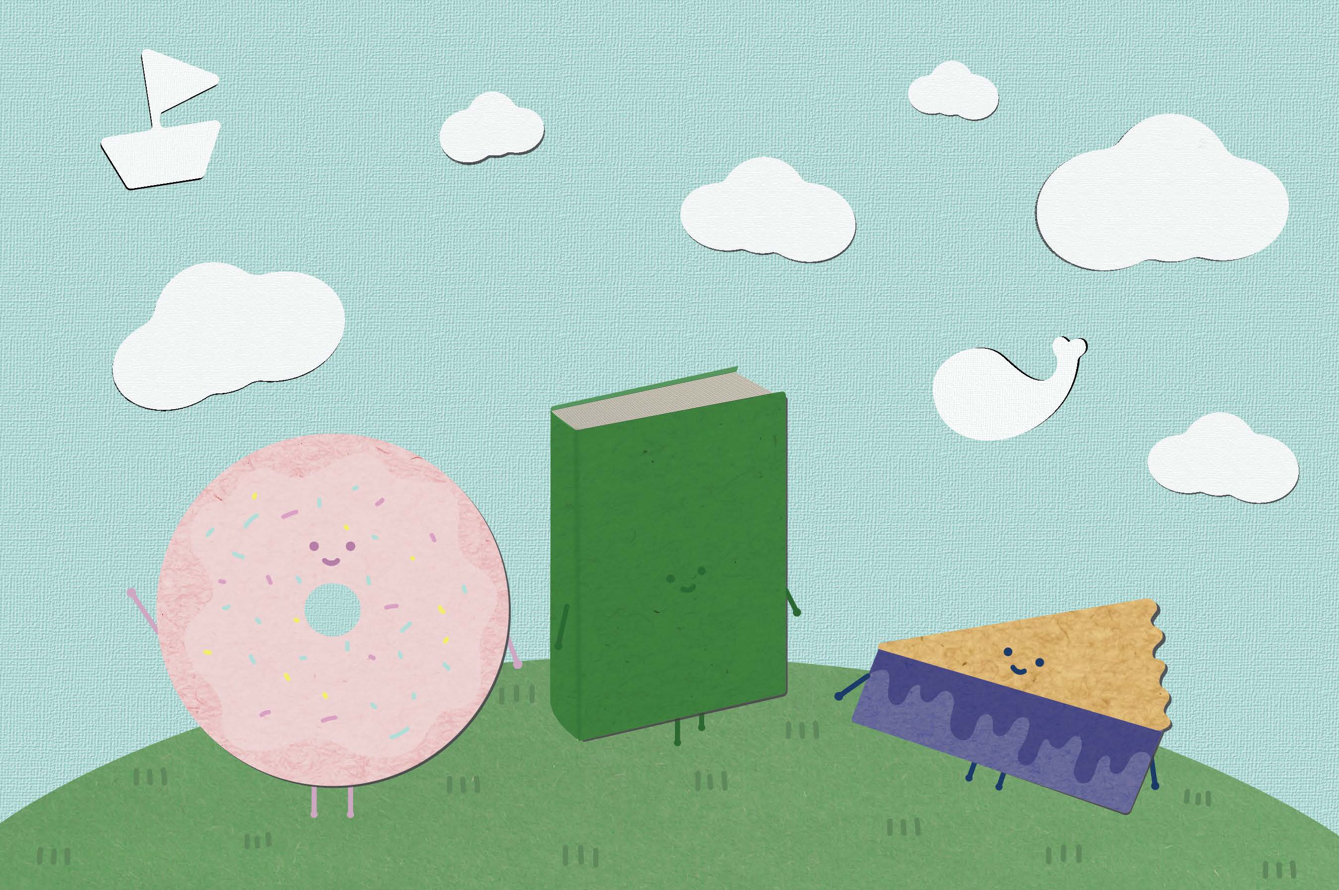 Image is an imaginative illustration of a donut, a book, and a piece of pie all with little arms and faces standing on a hilltop together, gazing at creatively-shaped clouds.