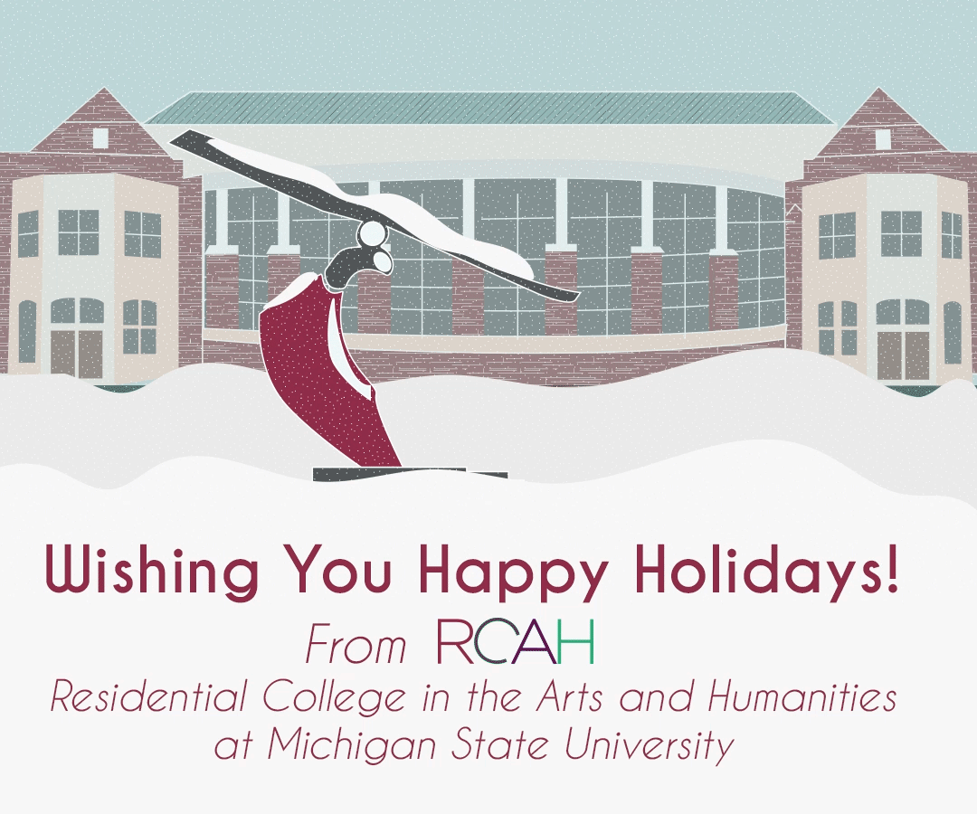 Image is an illustrated gif of the outside of Snyder-Phillips hall, with the red and black funambulist sculpture showing prominently as animated snow falls down over a happy holidays message.