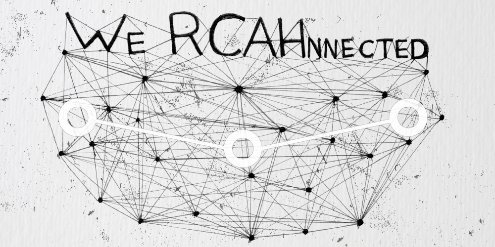 A hand-drawn image showing many connected lines, included handlettering that reads "WeRCAHnnected"