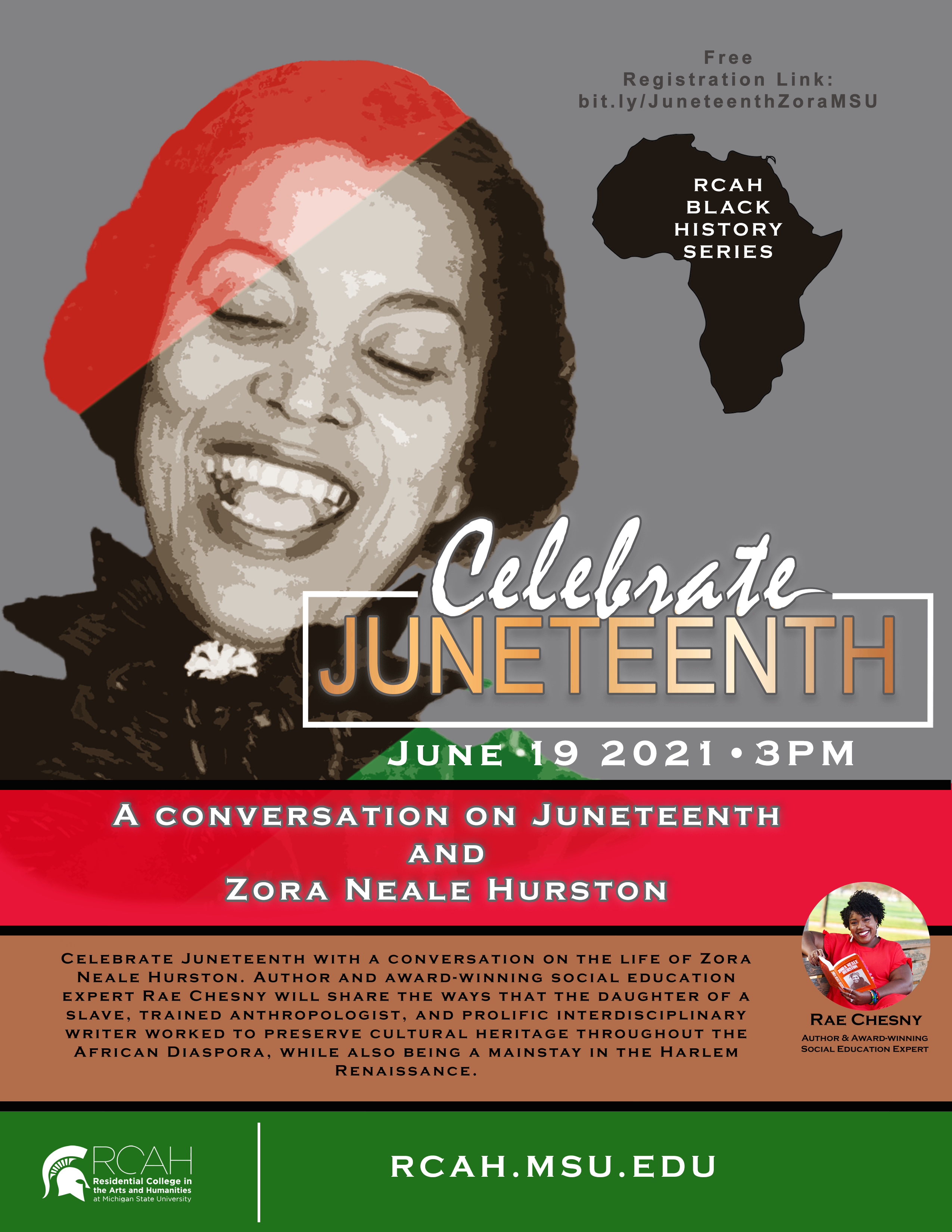 Image is the flyer for the Juneteenth event featuring an illustration of Zora Neale Hurston and colorful red and green boxes.