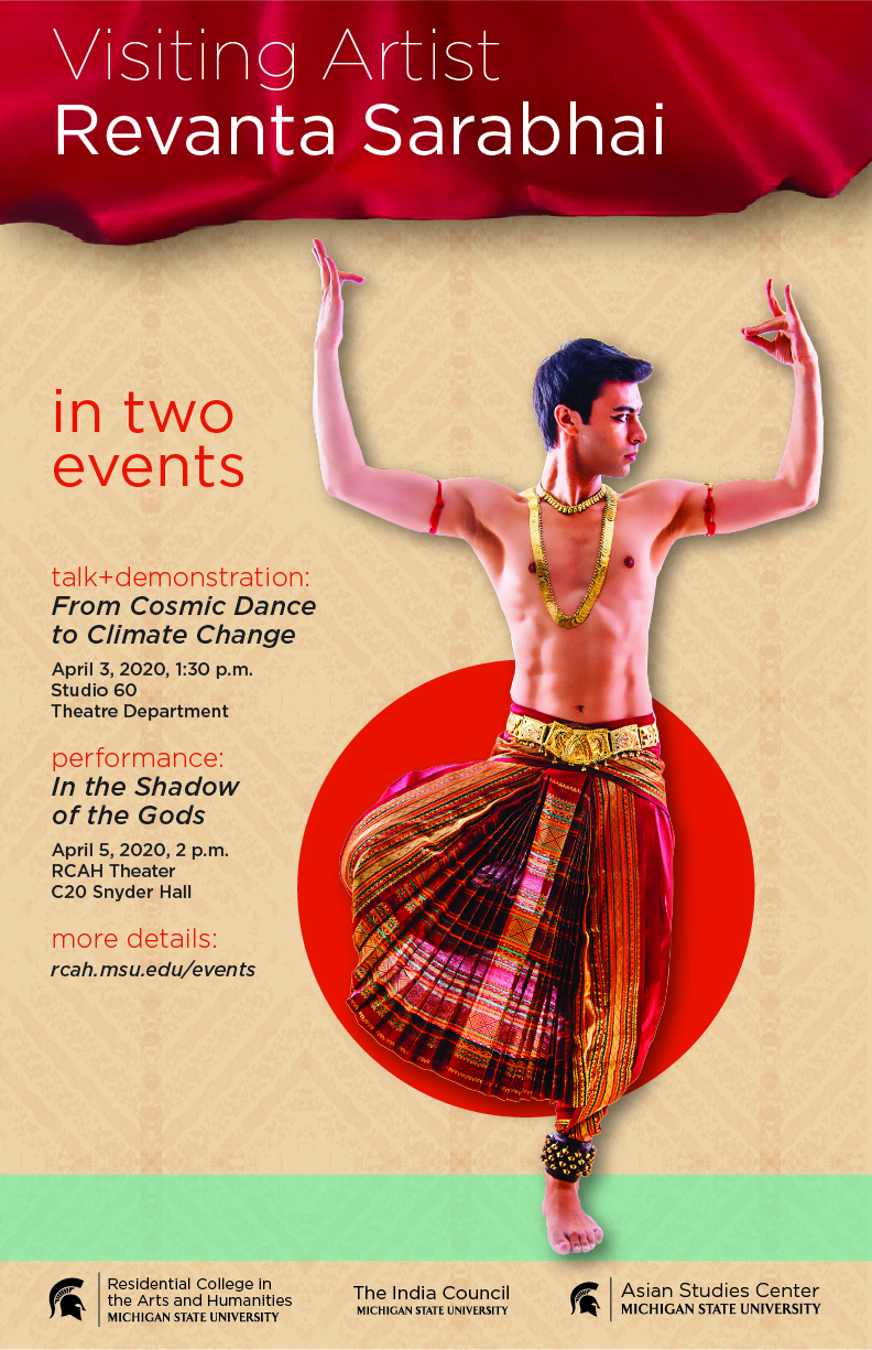 Poster for Revanta Sarabhai, showing him dancing against a textured background. Text describes the event dates and times.