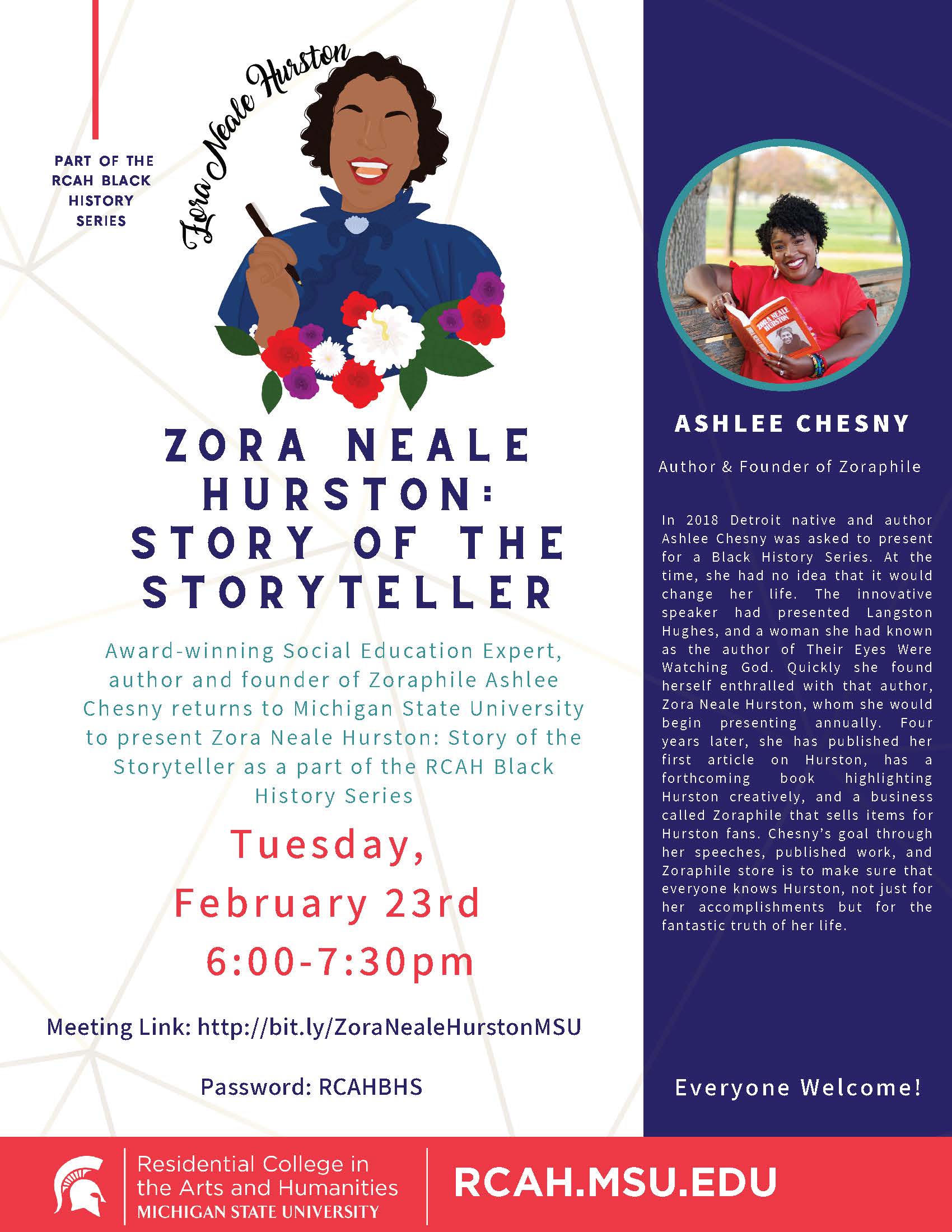 Image is a flyer for the Zora Neale Hurston event 