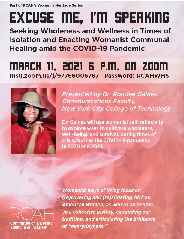 Image is a flyer discussing the Excuse Me, I'm Speaking event, featuring a colorful red and white background, a picture of the speaker Rondee Gaines, and information available in the pdf.