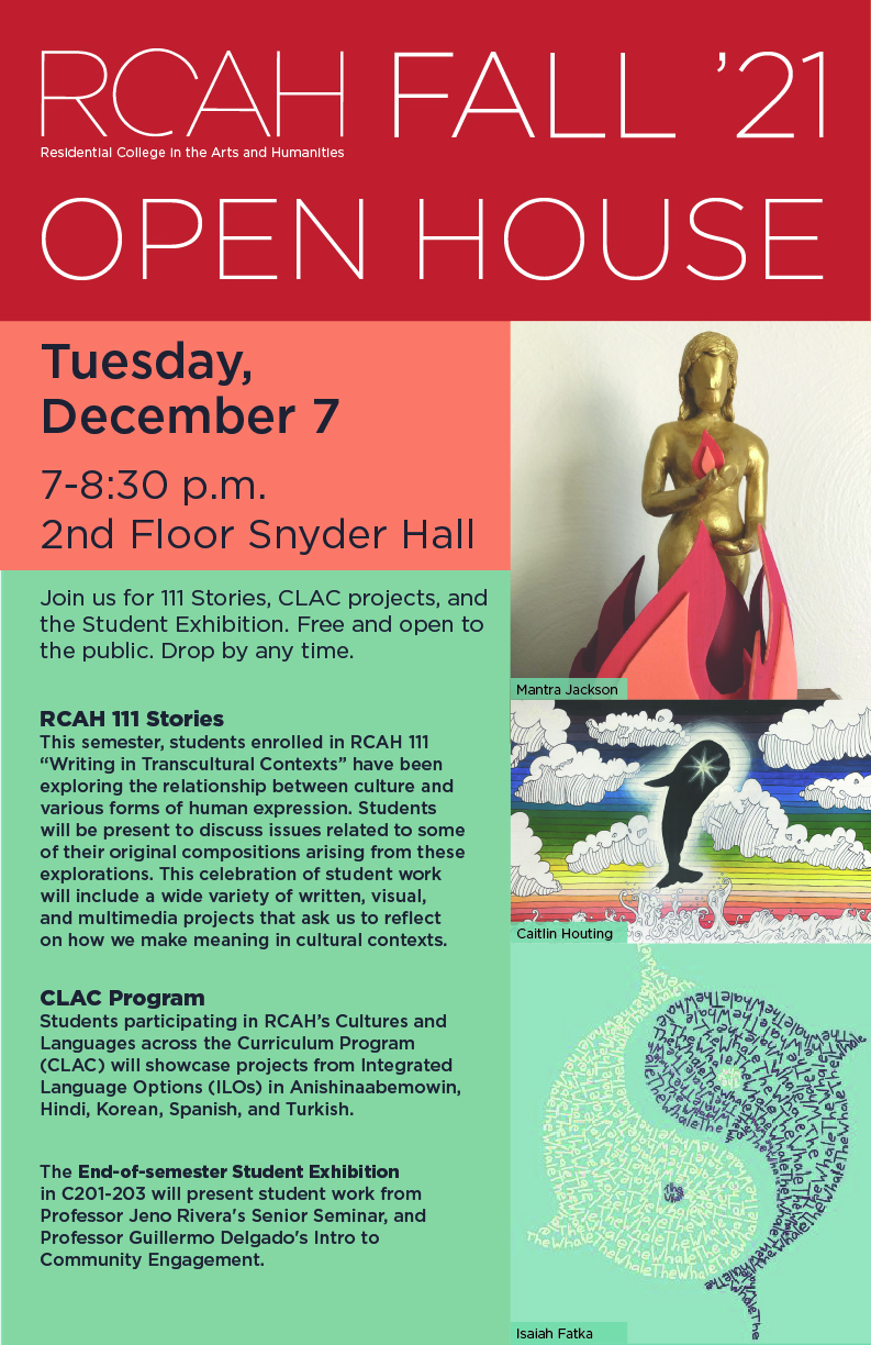 Flyer for RCAH Fall Open House, with the same text as above but including three images of student work: one sculpture of a golden woman with paper flames around her, one mixed media painting of a whale with a rainbow background, and one artwork depicting two whales in the classic Taoist/Daoist yin yang shape.
