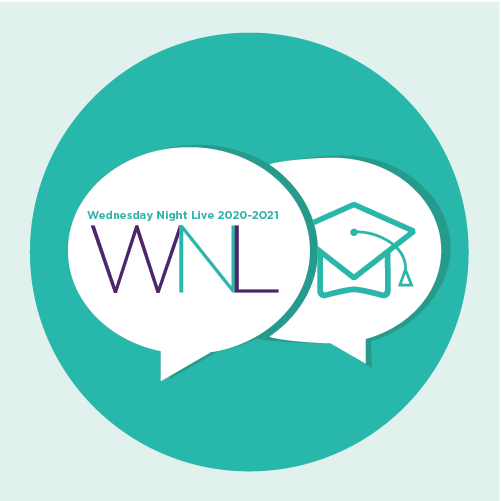 Illustration of two overlapping chat bubbles on a teal circle. One chat bubble reads "WNL" and the other has a graduation cap.