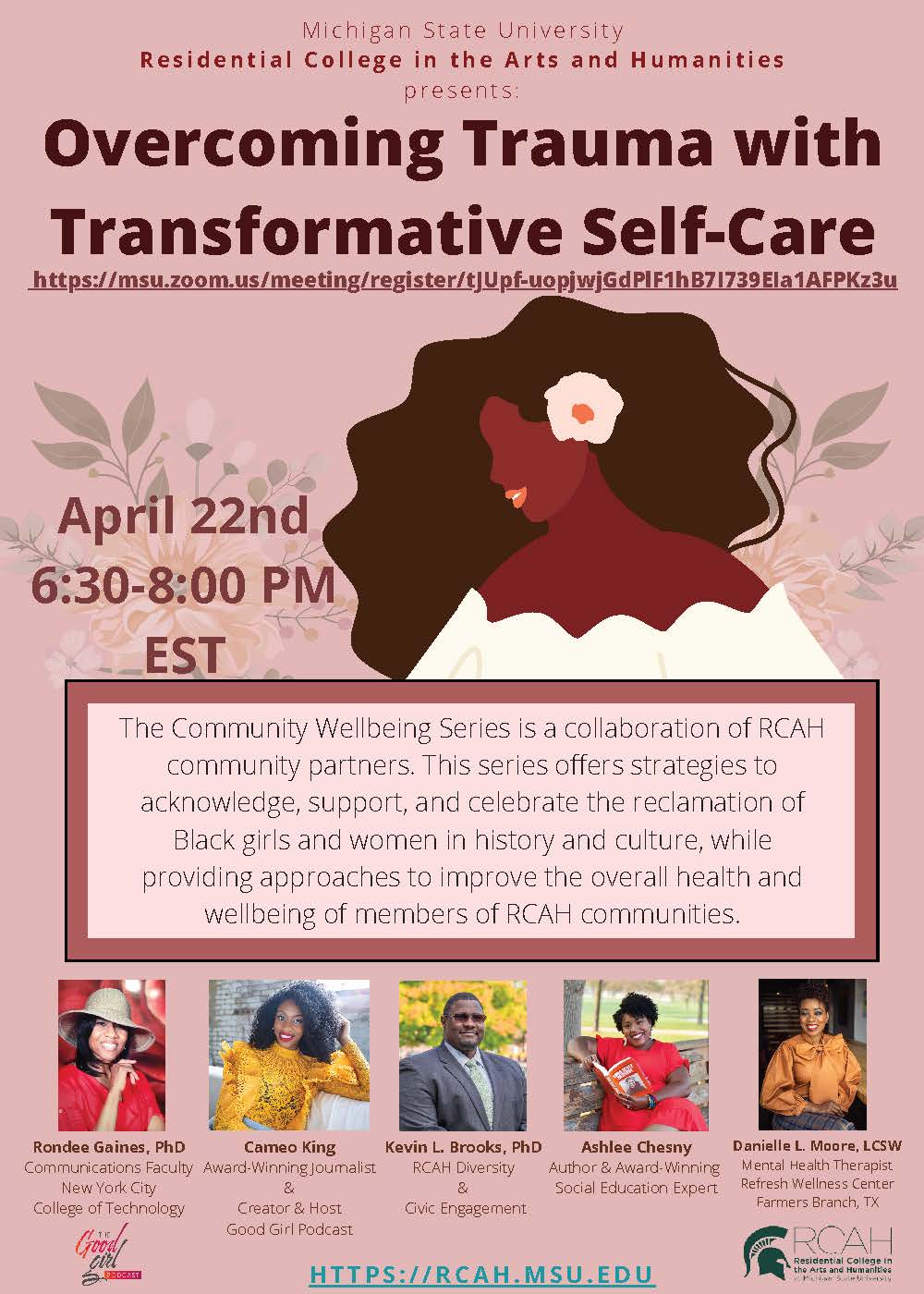 Image is a flyer with a flat graphic illustration of a Black woman with luscious flowing natural hair surrounded by blooming flowers. Text reads "Overcoming Trauma with Transformative Self-Care" and other details readable in the pdf.
