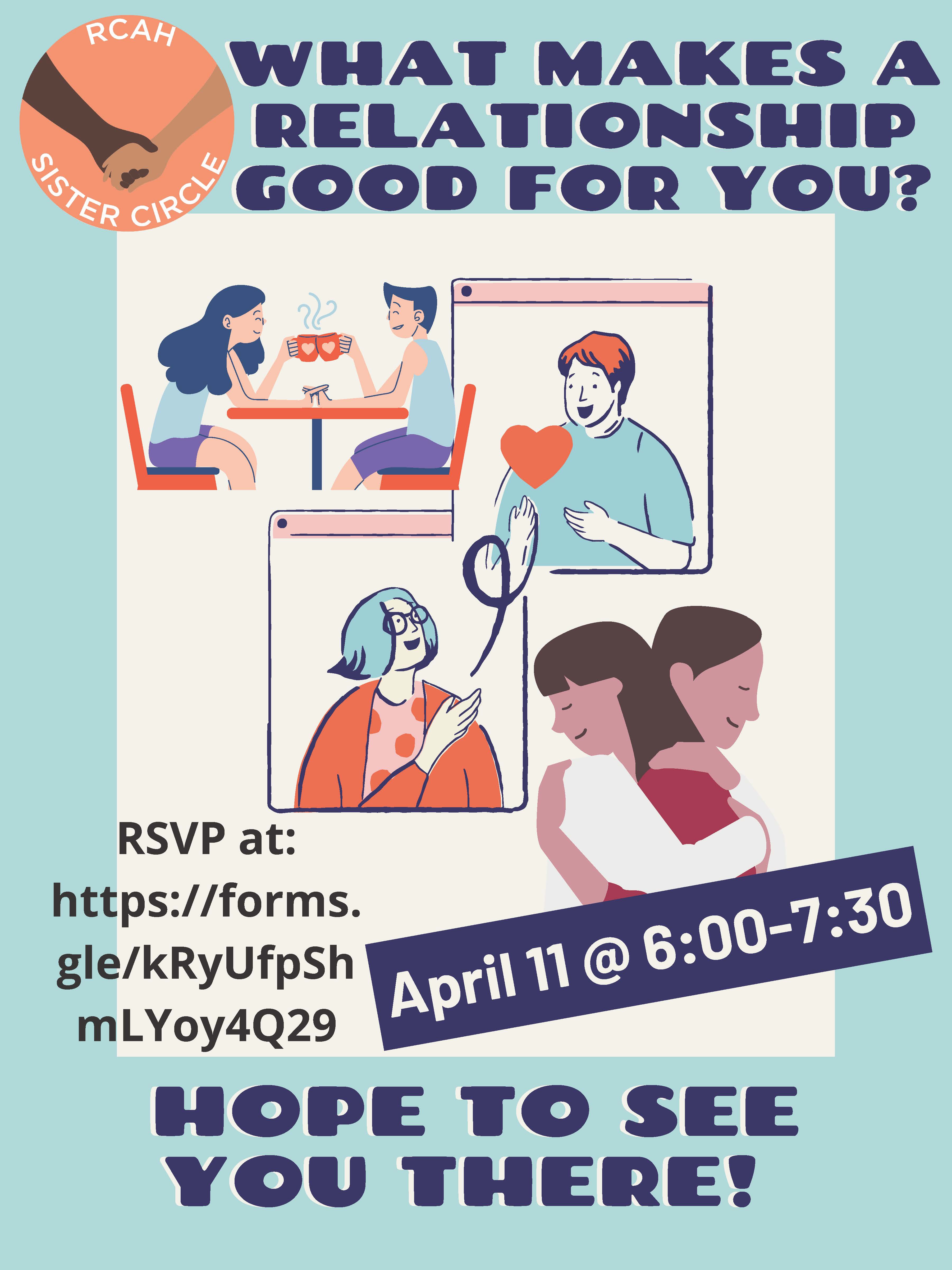 Image is a flyer for the sister circle event showing flat-graphic illustrations of people hugging, sharing a conversation over a meal, and hugging.