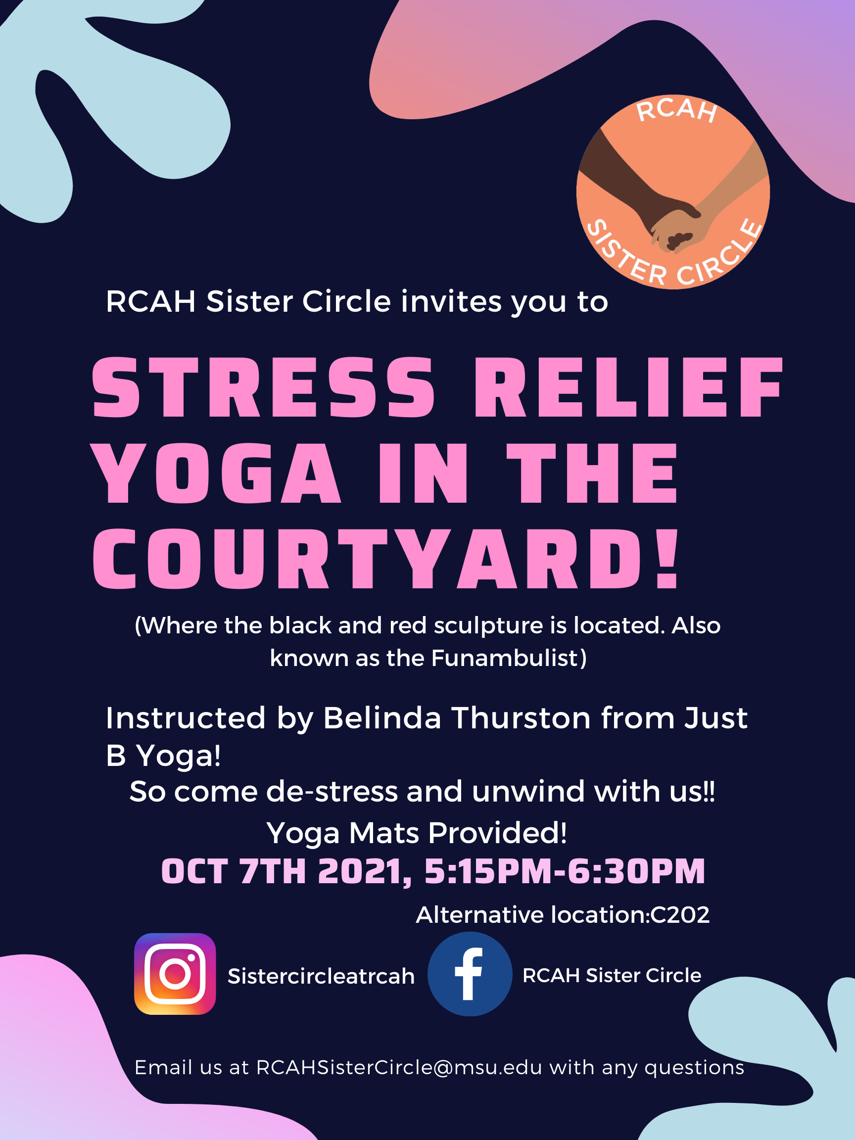 Image is a flyer for the yoga event with a dark background and colorful flowers. Information from the flyer can be read in the text above.
