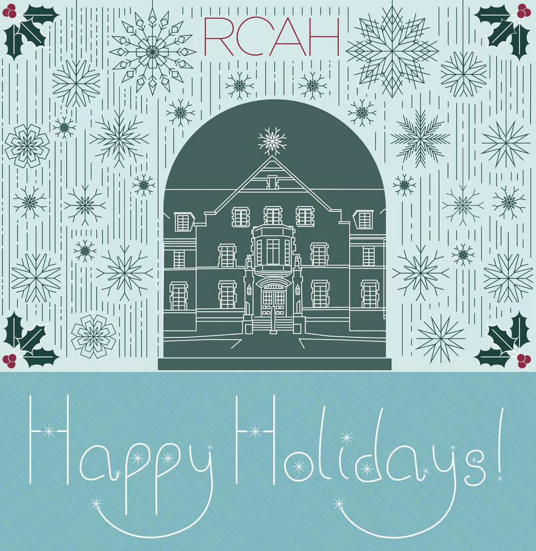Image is a decorated gif of a holiday card reading "happy holidays" below an illustration of a snowglobe with the Snyder-Phillips hall depicted inside, with snow falling.