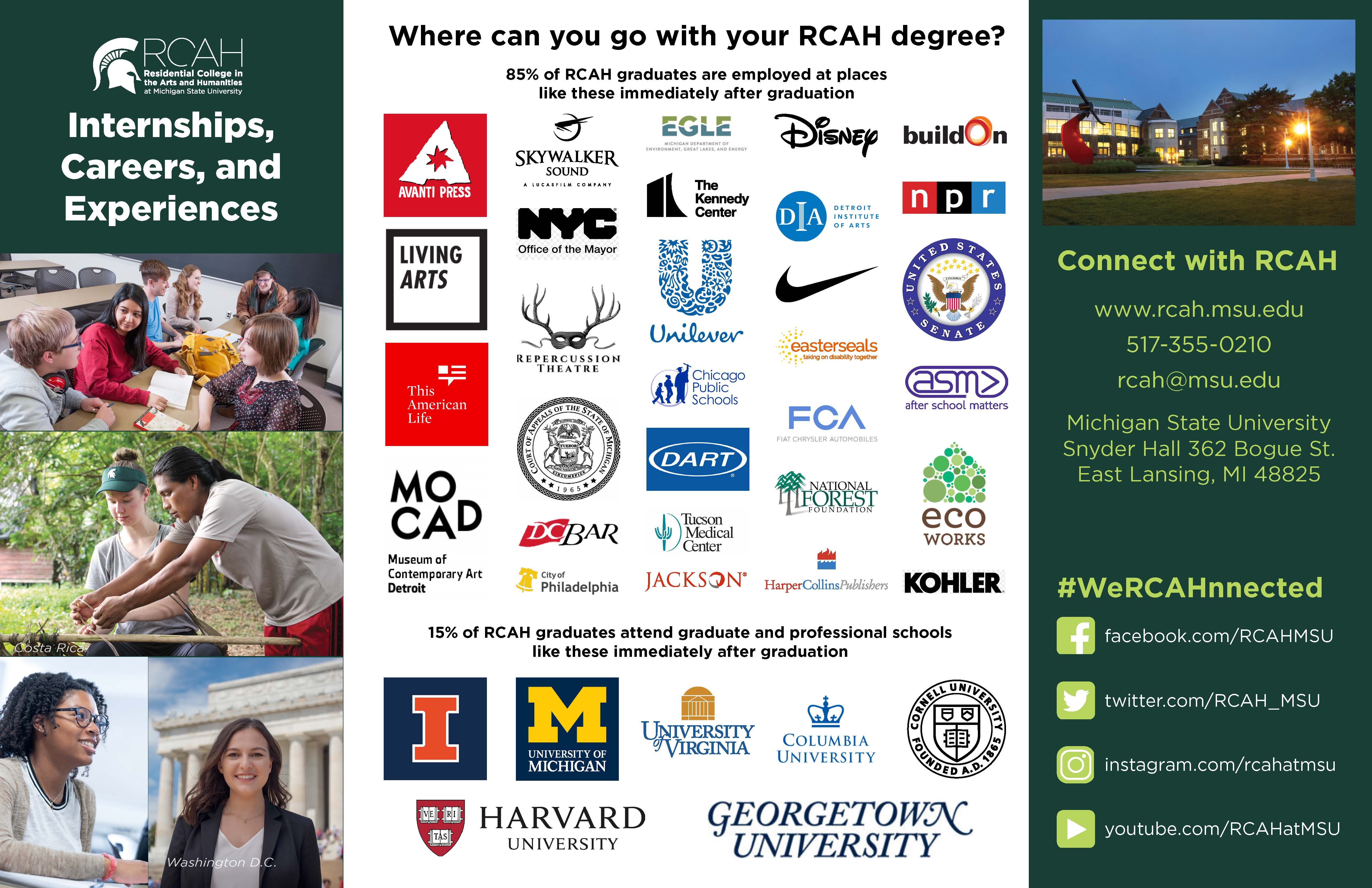 Image is the front page of the career guide, showing some pictures of RCAH students, logos of businesses where RCAH students/alums have worked, and contact information for RCAH.