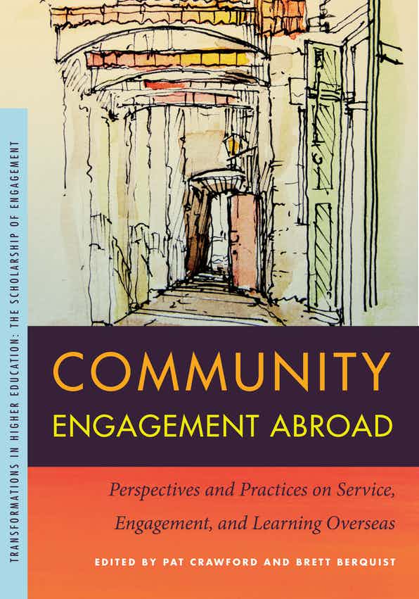 Image shows the cover of Community Engagement Abroad, with an illustration of a watercolor landscape painting of a town.