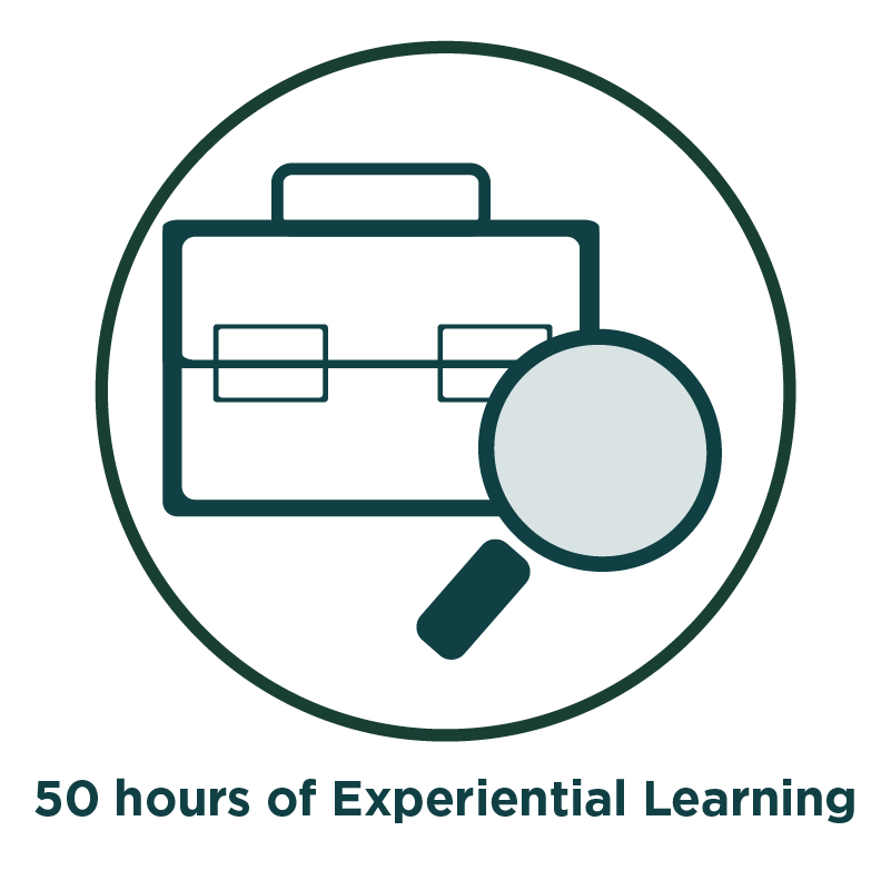 Image is an icon of a briefcase and magnifying glass, with text below that reads "50 hours of Experiential Learning"