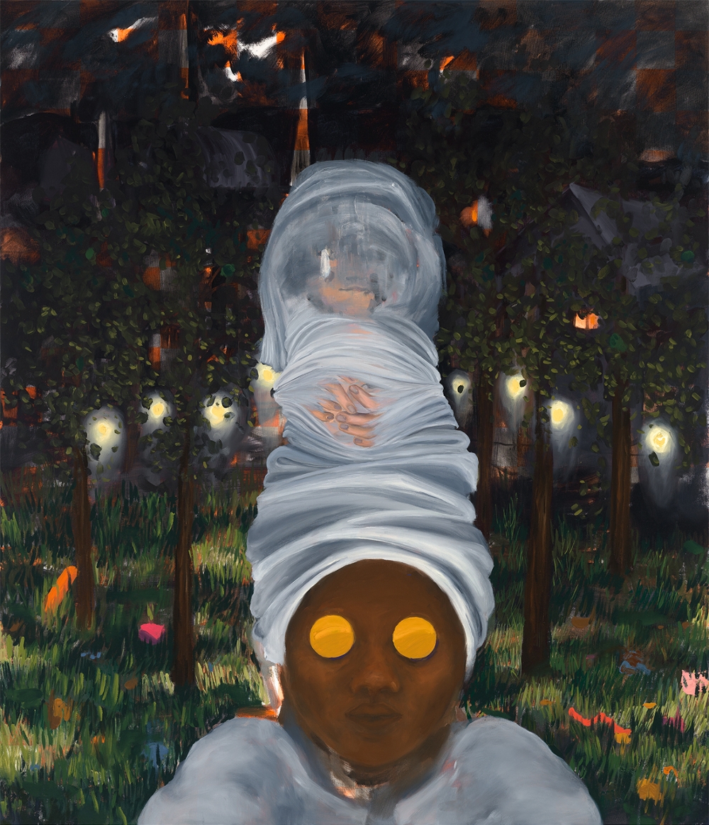 This image is of one of the artworks of the exhibit described on this page. Paint on canvas, the image shows a mysterious Black woman wearing a large turban that appears to have hands coming out. Behind the figure is a soft forest lit with strange glowing lights.