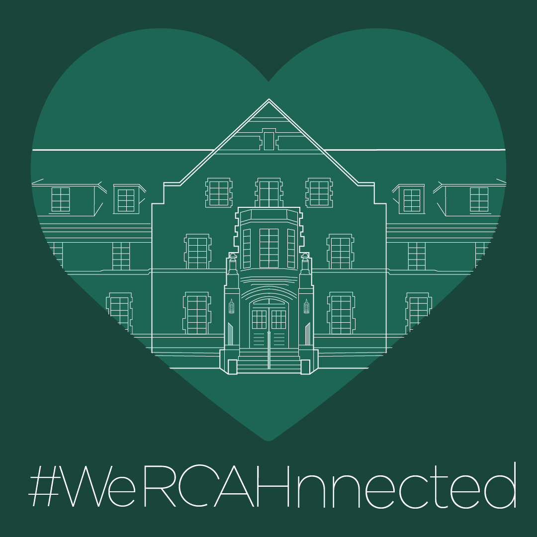 Image is a dark green with a green heart with a lineart illustration of a building (Snyder-Phillips) inside, with white text below that reads "#WeRCAHnnected"